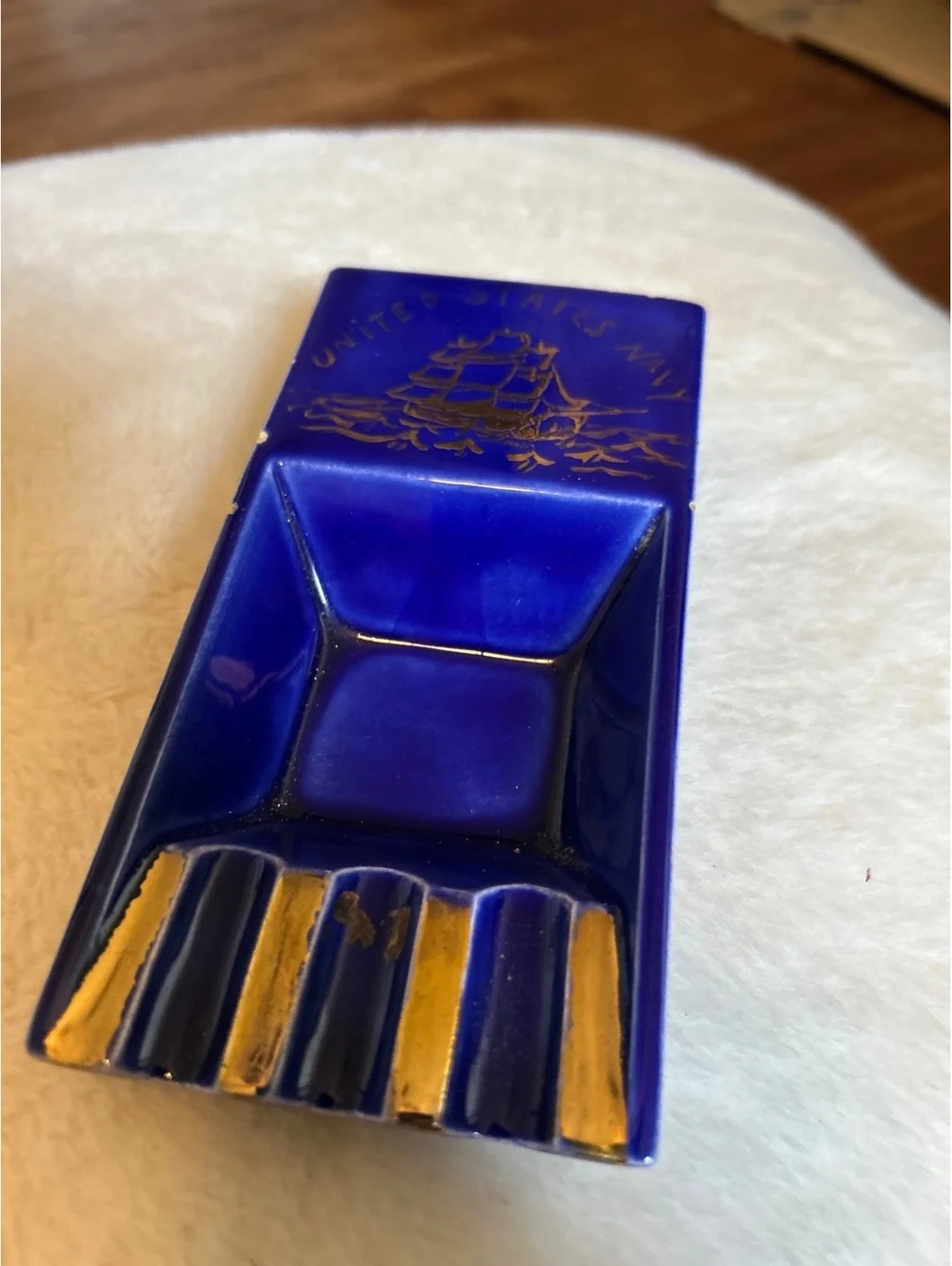 Vintage United States Navy Blue Ceramic Ashtray with Gold Ship Design